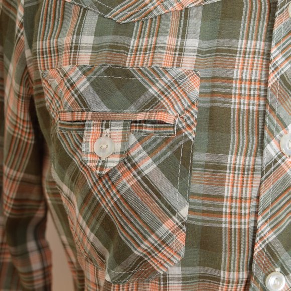 vintage 70s top shirt thin plaid olive green western cowgirl blouse S M - Picture 3 of 7